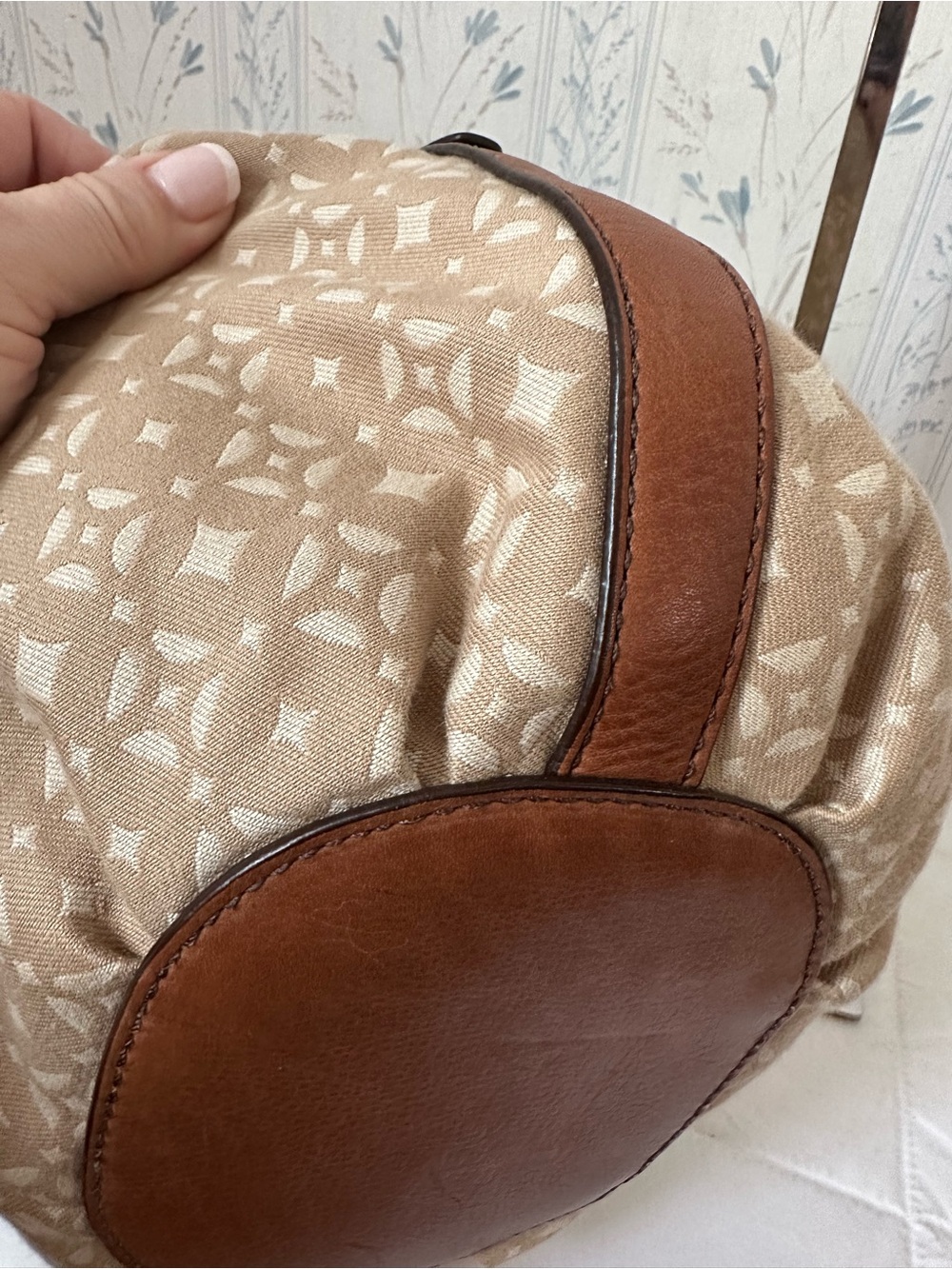 Fossil Beige Patterned Drawstring Bucket Bag with Brown Trim - Picture 11 of 16